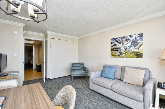 tiled living room featuring a chandelier, a textured ceiling, and crown molding