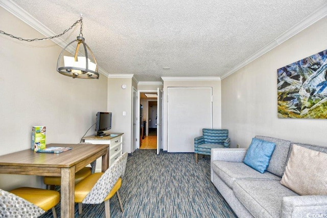 living room with a textured ceiling, dark carpet, and ornamental molding