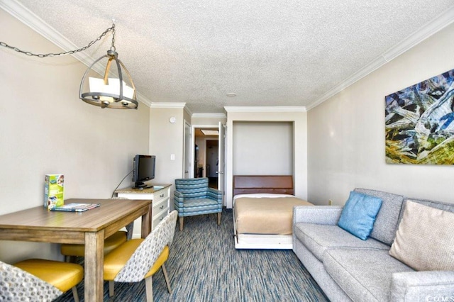 carpeted living room featuring a textured ceiling and crown molding