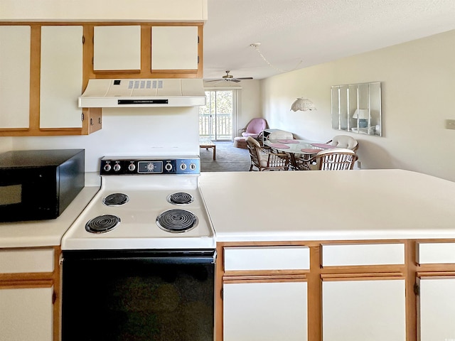 kitchen with ceiling fan, white electric range oven, and ventilation hood