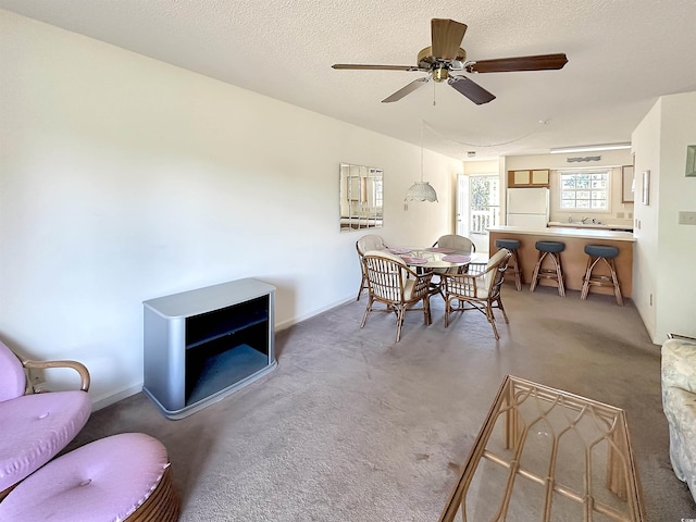 dining room with carpet flooring, a textured ceiling, and ceiling fan