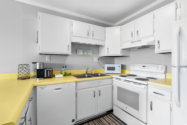 kitchen with white cabinets, white appliances, sink, and ornamental molding