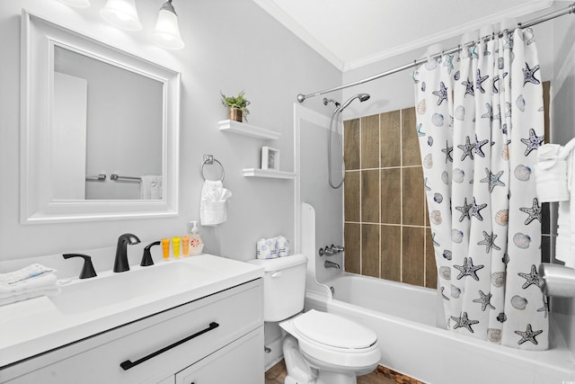 full bathroom featuring vanity, toilet, crown molding, and shower / tub combo with curtain