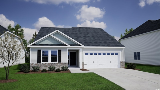 craftsman house with a garage and a front lawn