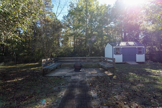 view of yard with a patio and a storage unit