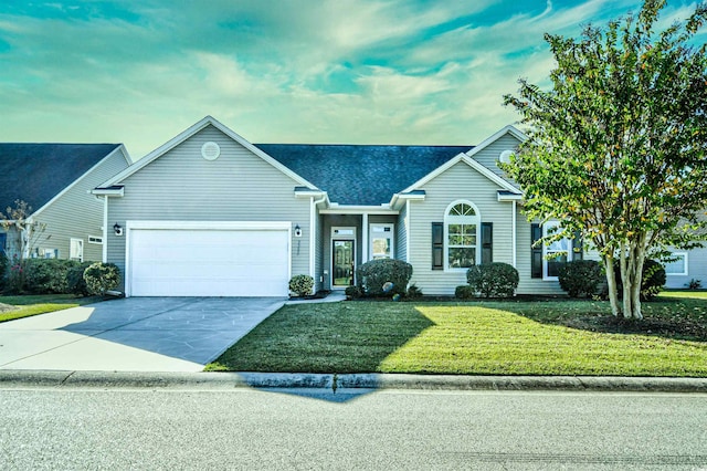 ranch-style home featuring a garage and a front lawn