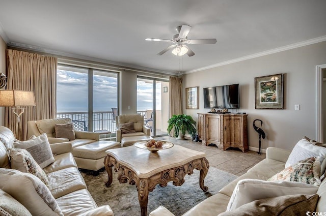 8500 Margate Cir Unit 2704, Myrtle Beach, SC 29572 - living area featuring ceiling fan, ornamental molding, light tile patterned floors, and baseboards