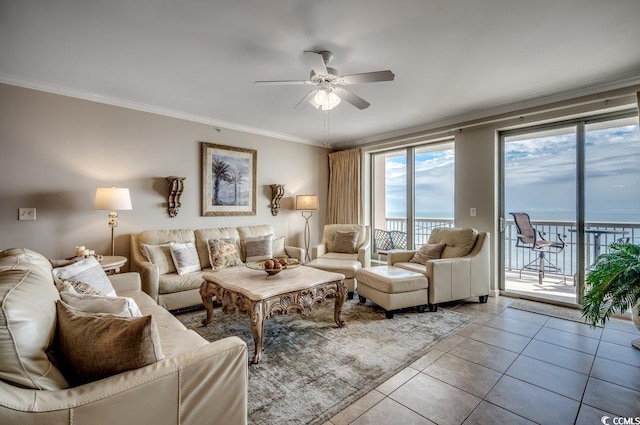 8500 Margate Cir Unit 2704, Myrtle Beach, SC 29572 - living room featuring a ceiling fan, ornamental molding, healthy amount of natural light, and tile patterned floors