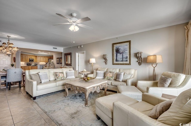 8500 Margate Cir Unit 2704, Myrtle Beach, SC 29572 - living area featuring crown molding, light tile patterned floors, a ceiling fan, and a chandelier
