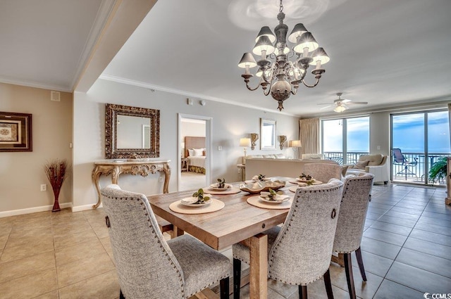 8500 Margate Cir Unit 2704, Myrtle Beach, SC 29572 - dining space with light tile patterned floors, a chandelier, crown molding, baseboards, and ceiling fan