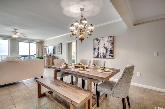 8500 Margate Cir Unit 2704, Myrtle Beach, SC 29572 - dining space featuring ornamental molding, light tile patterned floors, a ceiling fan, a chandelier, and baseboards