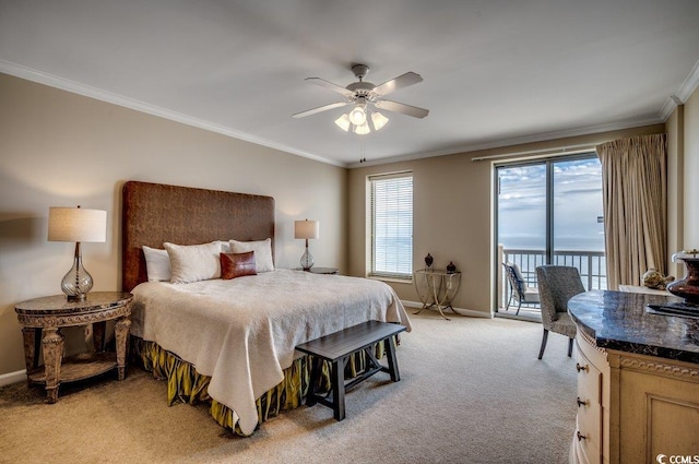 8500 Margate Cir Unit 2704, Myrtle Beach, SC 29572 - bedroom featuring light carpet, access to exterior, ornamental molding, baseboards, and a ceiling fan
