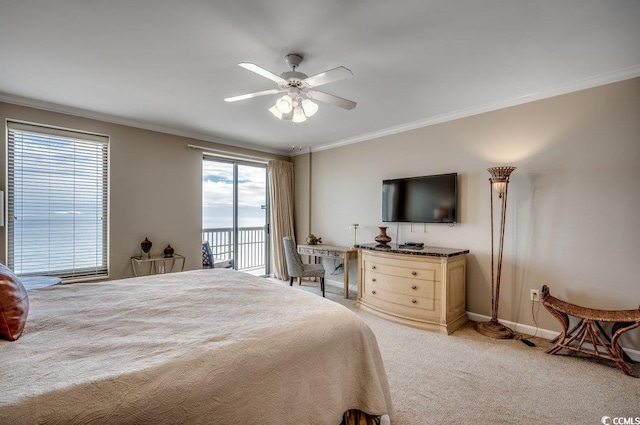 8500 Margate Cir Unit 2704, Myrtle Beach, SC 29572 - bedroom with access to exterior, crown molding, baseboards, light colored carpet, and a ceiling fan