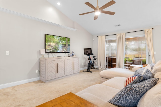 living room with high vaulted ceiling, carpet, and ceiling fan