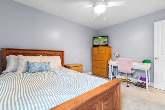 bedroom with ceiling fan, lofted ceiling, and light colored carpet