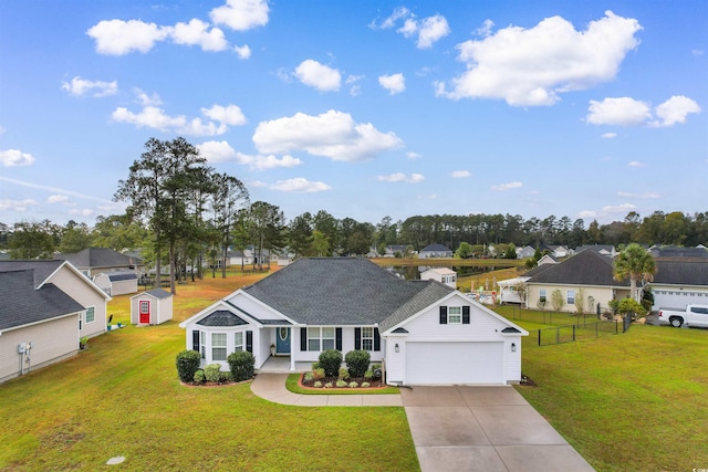 single story home featuring covered porch and a front yard