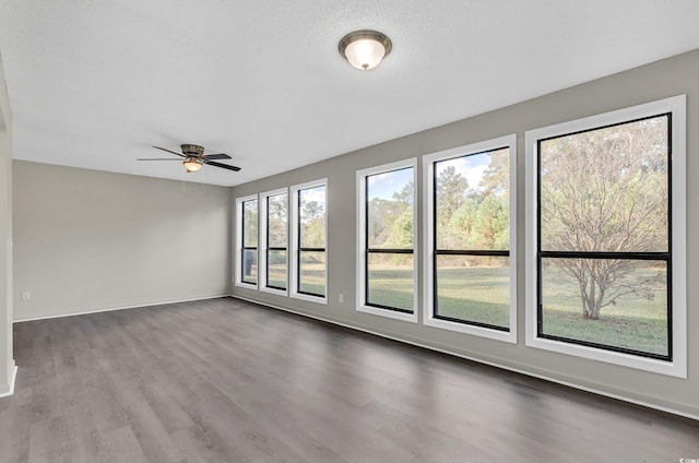 empty room with hardwood / wood-style flooring and ceiling fan