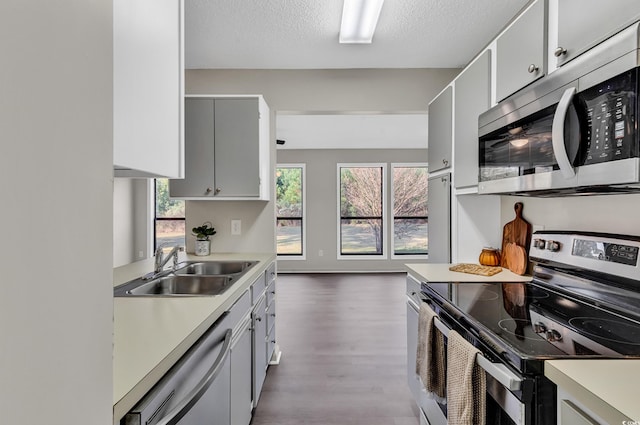 kitchen with appliances with stainless steel finishes, dark hardwood / wood-style flooring, a textured ceiling, sink, and white cabinets