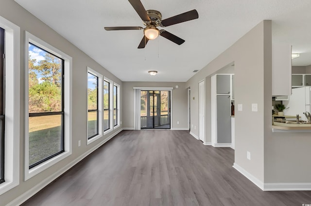 interior space featuring wood-type flooring and ceiling fan