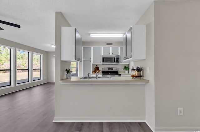 kitchen with ceiling fan, sink, stainless steel appliances, dark hardwood / wood-style floors, and a textured ceiling