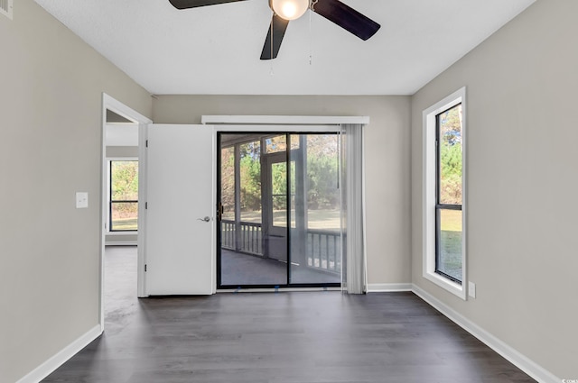 spare room featuring a wealth of natural light, ceiling fan, and dark wood-type flooring