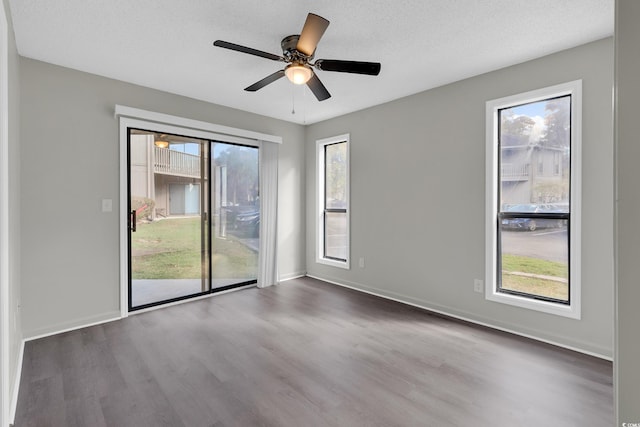 spare room with ceiling fan, wood-type flooring, and a textured ceiling