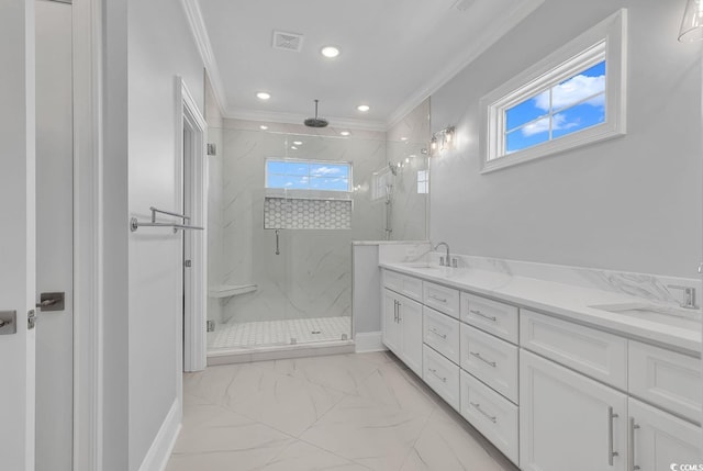 bathroom featuring vanity, walk in shower, and ornamental molding