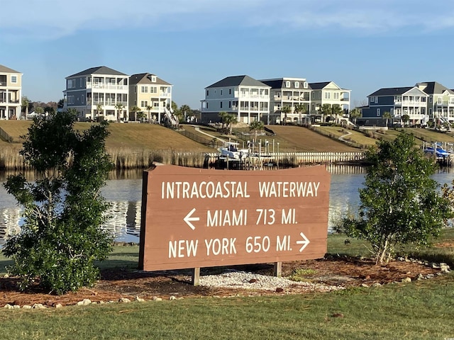 community / neighborhood sign featuring a water view