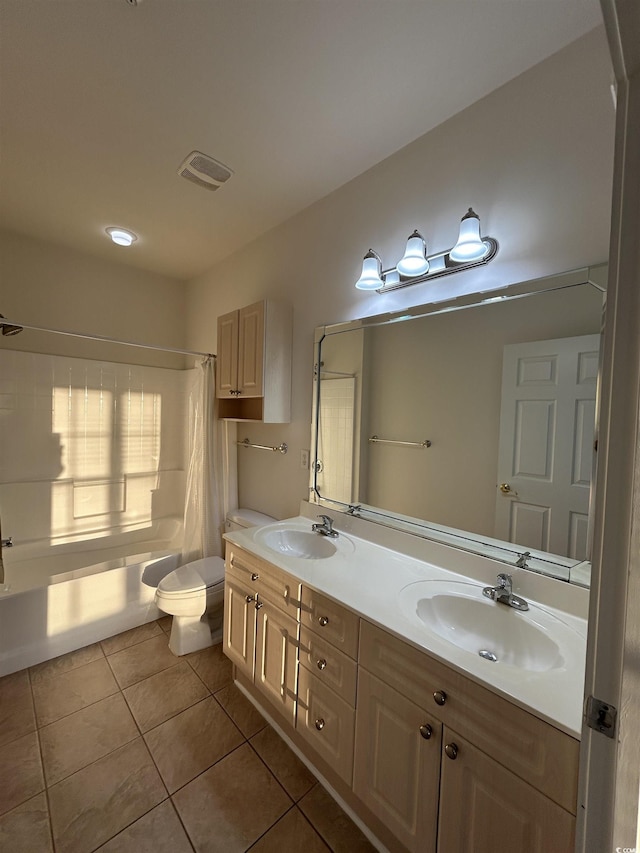 full bathroom with toilet, tile patterned floors, shower / bathtub combination with curtain, and vanity