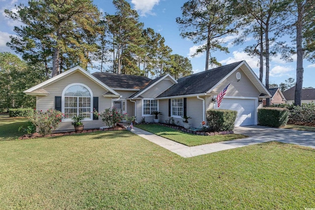 single story home with a front yard and a garage