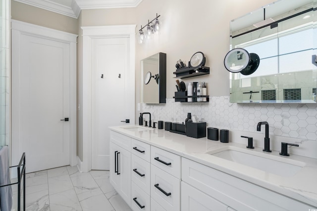 bathroom featuring decorative backsplash, crown molding, and vanity