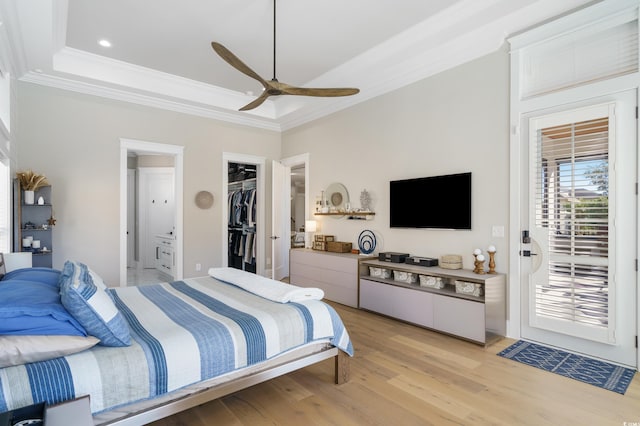 bedroom with crown molding, ceiling fan, a spacious closet, light wood-type flooring, and a closet