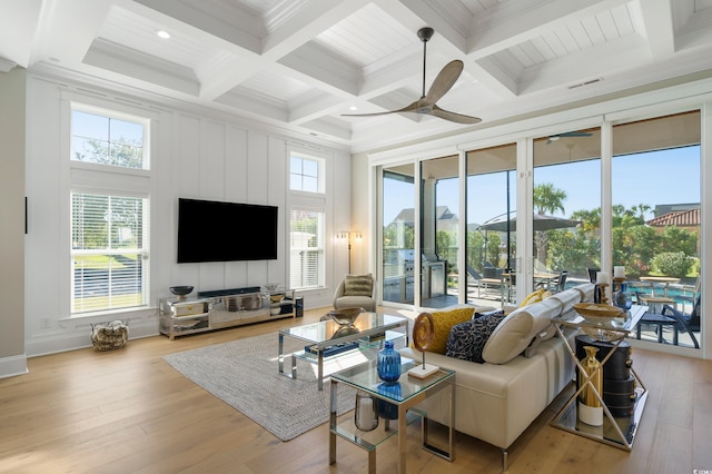 living room featuring beam ceiling, light hardwood / wood-style floors, and coffered ceiling