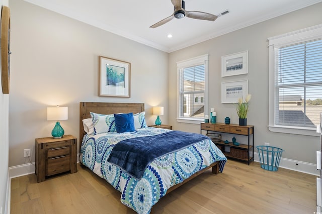 bedroom featuring wood-type flooring, ceiling fan, and crown molding