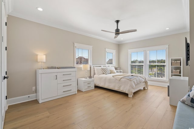 bedroom with light wood-type flooring, multiple windows, crown molding, and ceiling fan