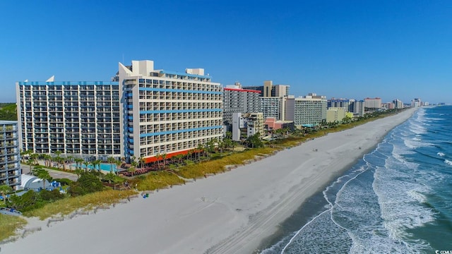 bird's eye view with a view of the beach and a water view