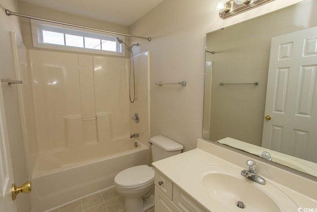 full bathroom featuring vanity, tile patterned floors,  shower combination, and toilet