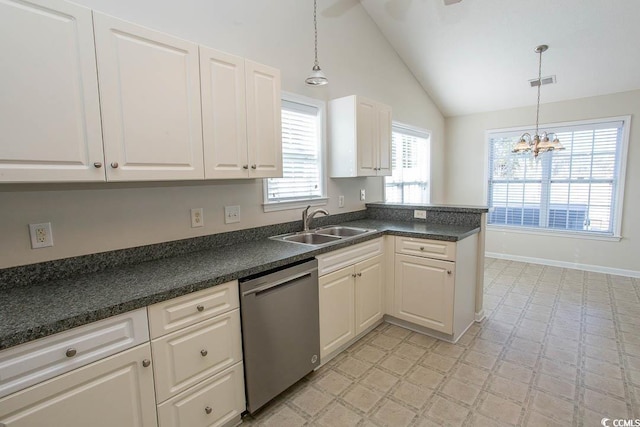 kitchen with white cabinetry, dishwasher, pendant lighting, and lofted ceiling