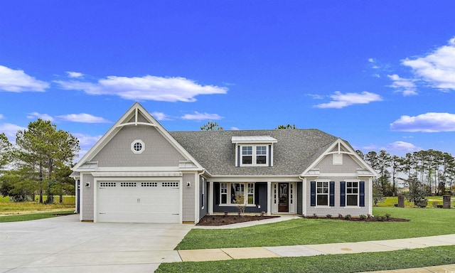 craftsman house featuring covered porch, a front yard, and a garage