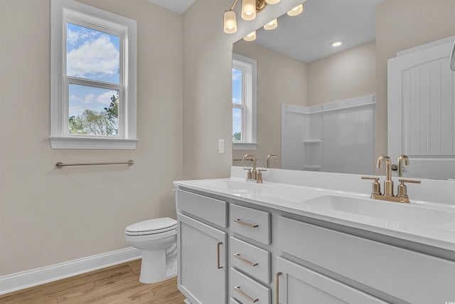 bathroom with wood-type flooring, vanity, and toilet