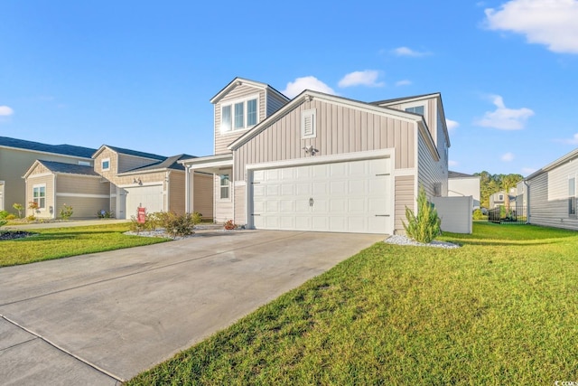 view of front of property featuring a garage and a front lawn