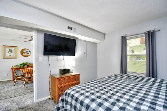 carpeted bedroom with a textured ceiling