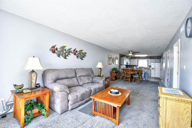 carpeted living room with ceiling fan and a textured ceiling