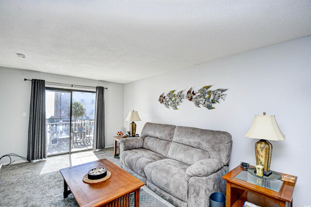 carpeted living room featuring a textured ceiling