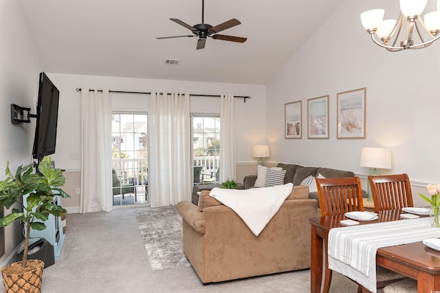 4878 Dahlia Ct Unit 24-304, Myrtle Beach, SC 29577 - living room with light carpet, a chandelier, ceiling fan, and high vaulted ceiling