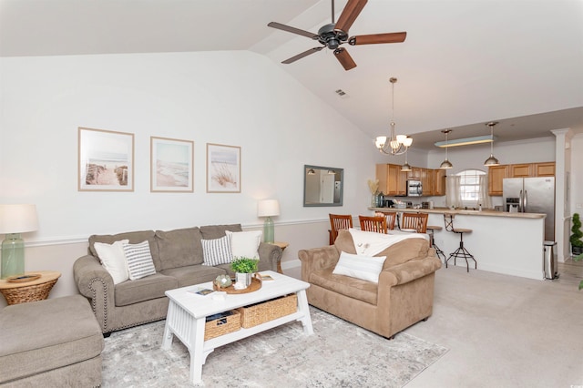4878 Dahlia Ct Unit 24-304, Myrtle Beach, SC 29577 - living area with a ceiling fan, a chandelier, high vaulted ceiling, and light colored carpet