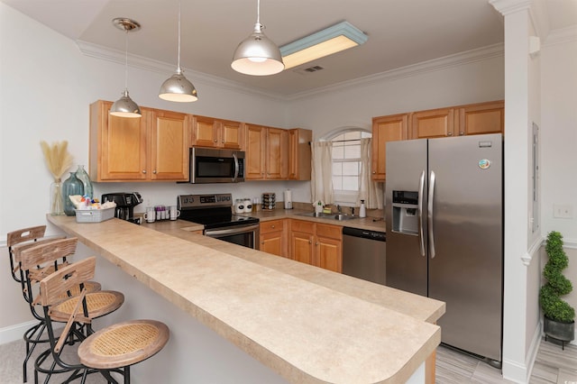 4878 Dahlia Ct Unit 24-304, Myrtle Beach, SC 29577 - kitchen with stainless steel appliances, a peninsula, light countertops, crown molding, and a sink