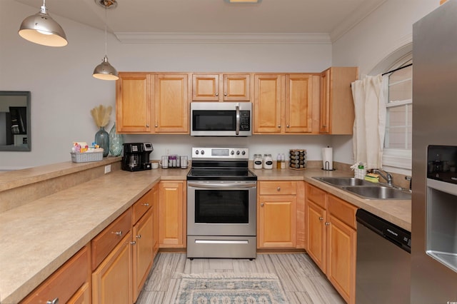 4878 Dahlia Ct Unit 24-304, Myrtle Beach, SC 29577 - kitchen with stainless steel appliances, ornamental molding, a sink, light countertops, and hanging light fixtures