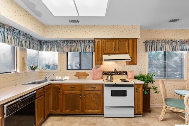 kitchen with white range with electric cooktop, dishwasher, and sink