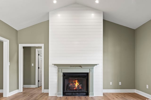 details featuring wood-type flooring and a large fireplace